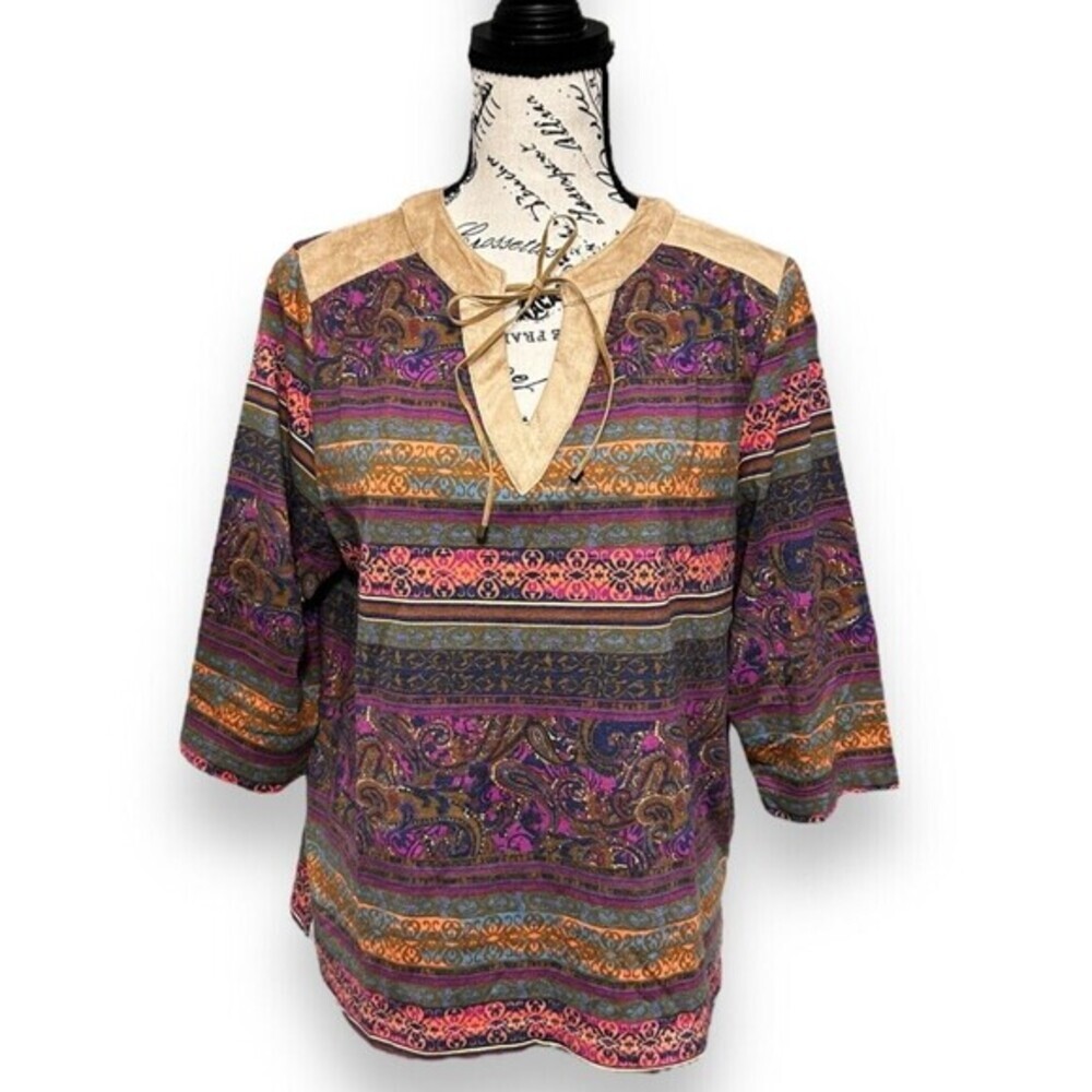 New BonWorth Purple Tan Paisley Stripe Suede Trim 3/4 Sleeve Boxy Boho Artsy XSP